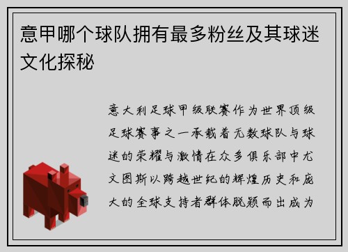 意甲哪个球队拥有最多粉丝及其球迷文化探秘